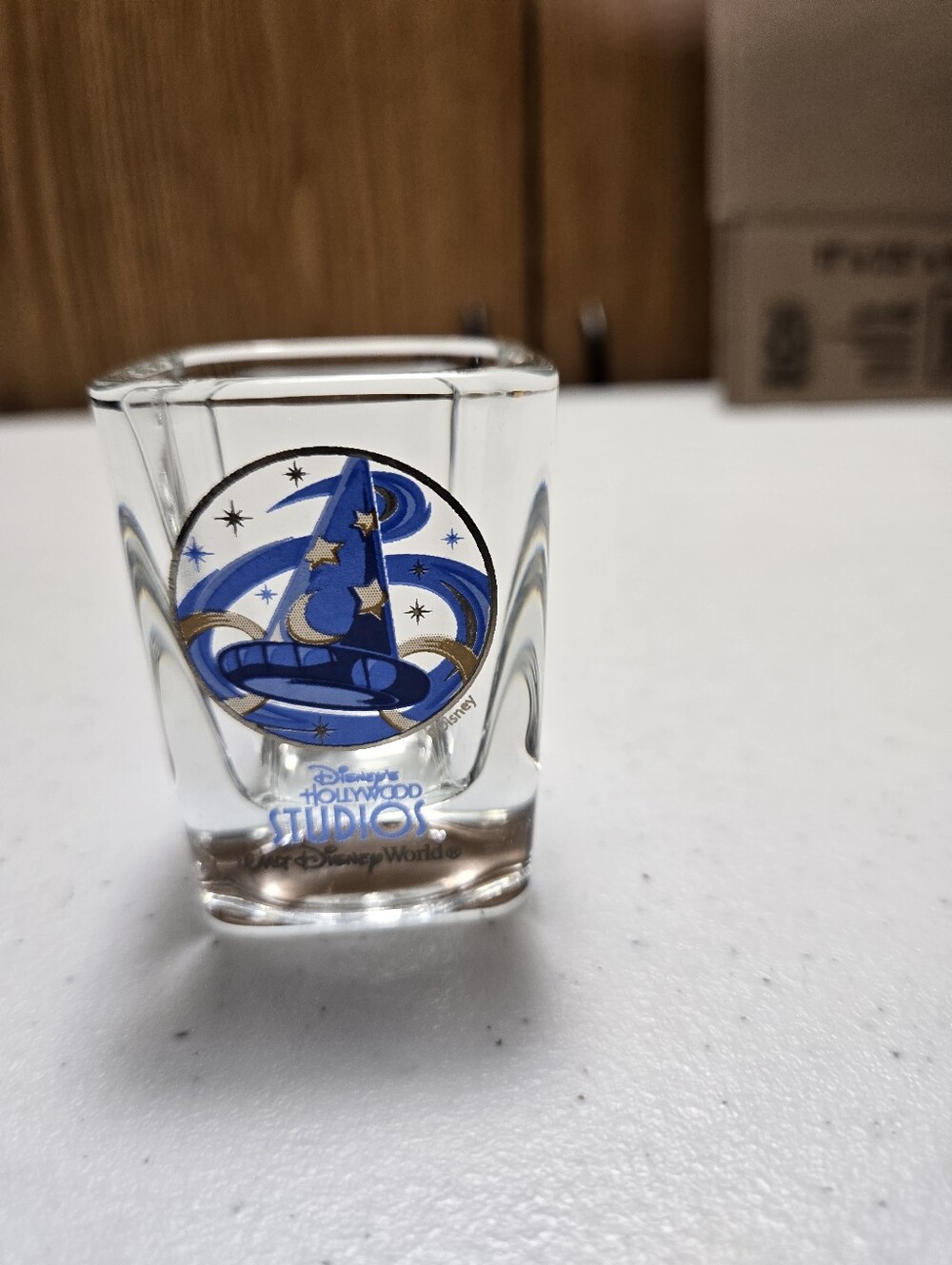 Disney Hollywood Studios Square Shot Glass.  New.  Made In USA. Fantasia Hat.